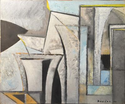 a painting of a vase on a table next to a window