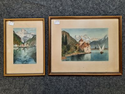 two watercolor paintings of boats on a lake with mountains in the background