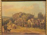 a painting of a group of people with horses and a wagon