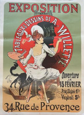 une vieille affiche annonçant l'exposition d'une femme en robe blanche