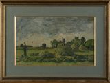 an image of a painting of a man and a dog in a field