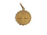 a close up of a gold pendant on a white background
