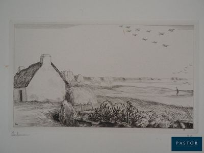 dessin au crayon représentant une scène de campagne avec une maison au toit de chaume et des oiseaux qui volent au-dessus