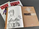 three books are sitting on a table with a drawing of a man and a woman