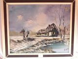 tableau représentant une maison dans un paysage enneigé avec un étang