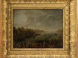 an oil painting of a group of people on a beach near a body of water