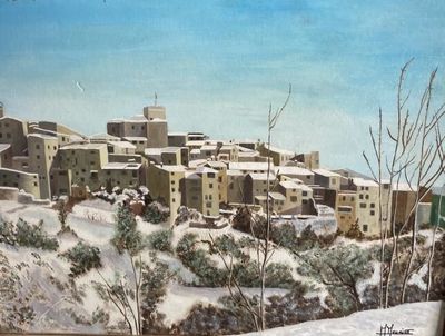 painting of a village in the snow with buildings and trees in the foreground