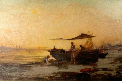 Paul BISTAGNE (1850-1886). Pécheurs et barques sur la plage …