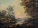painting of a river scene with a man and a dog by a stream