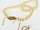 pearl necklace with a gold heart charm and a heart pendant