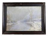 a painting of a snowy landscape with trees and a river
