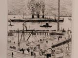drawing of a view of a harbor with boats and people on the water
