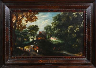 une peinture à l'huile représentant un homme assis sur un banc dans un espace boisé
