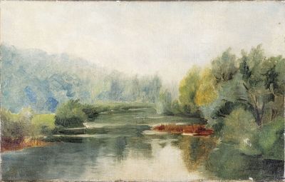 a picture of a painting of a river in the middle of the day