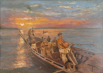 a painting of a group of people in a boat on the water