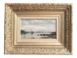 an oil painting of boats in a body of water on a white background