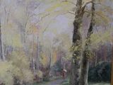 a painting of a man walking down a path in the woods