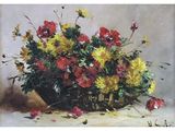 a painting of flowers in a vase on a table