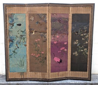 four panels with birds and flowers painted on them