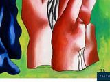 a painting of a pair of gloves hanging on a clothes line