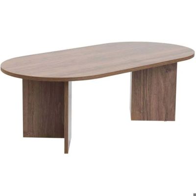 une grande table de réunion ovale avec un piètement en bois
