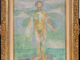 a painting of a woman standing in a field of grass