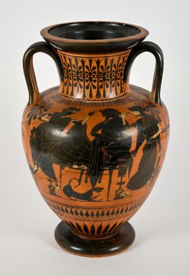 a black and orange vase with a painting on it