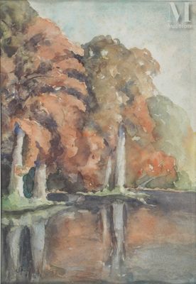 tableau représentant un lac avec des arbres et de l'eau au premier plan