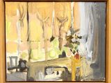 a painting of a vase of flowers on a table