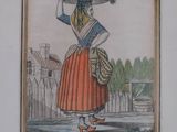 painting of a woman carrying a basket of flowers in her hand