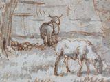 a drawing of a horse and a sheep in a field