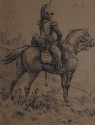 dessin représentant un homme à cheval portant un casque