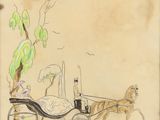 drawing of a woman in a horse drawn carriage with a man and a dog