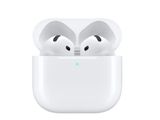 des AirPods d'Apple avec leur boîtier de recharge sur fond blanc