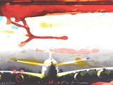 a painting of a plane on the tarmac at an airport