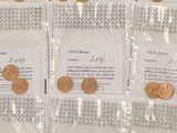 four bags of coins are lined up on a table
