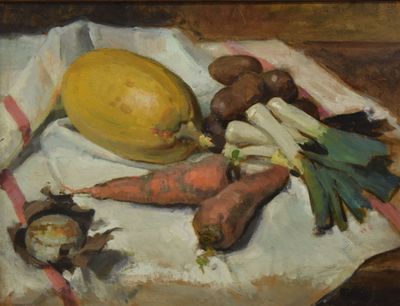 a painting of carrots, potatoes, and a lemon on a table