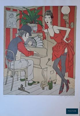 une photo d'une femme jouant du piano avec un homme vêtu d'une robe rouge