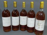 six bouteilles de vin sont alignées sur une surface grise
