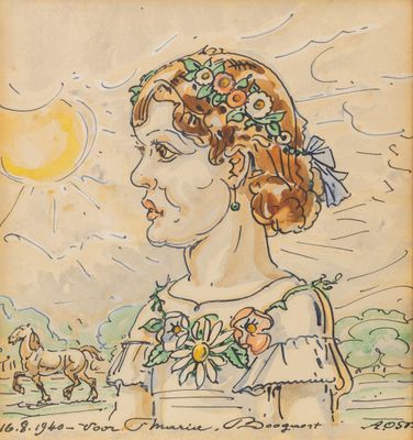 dessin représentant une femme avec des fleurs dans les cheveux et un cheval en arrière-plan