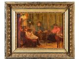 une peinture représentant un groupe de personnes assises autour d'une table