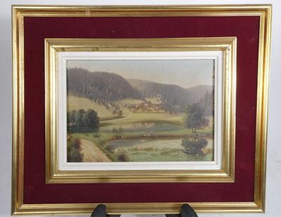 peinture d'un paysage avec une ferme au loin et une rivière au premier plan