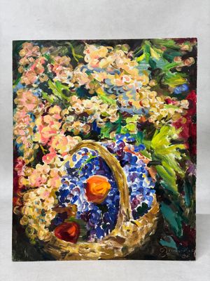 une peinture à l'huile représentant un panier de fleurs posé sur une table