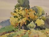 a watercolor painting of some trees in a field