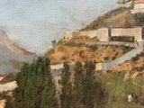 a painting of a small town on a hill
