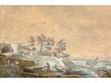 l'image d'un tableau représentant un paysage avec un château au loin