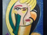 un tableau représentant une femme avec un foulard vert sur la tête