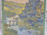 tableau représentant un château, avec une rivière et un pont au premier plan