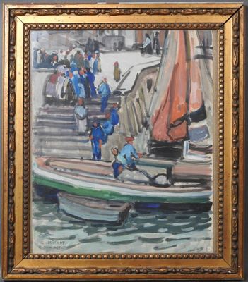 une peinture représentant un groupe de personnes sur un bateau dans l'eau