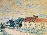 dessin d'une maison au toit rouge avec une route devant